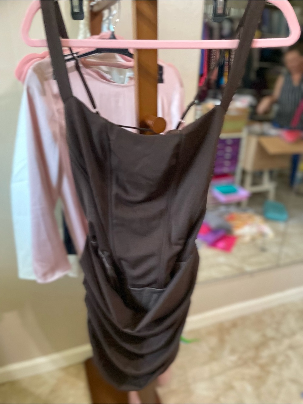 Women's Mini Dress in Dark Brown - Sleek Draped Bodycon